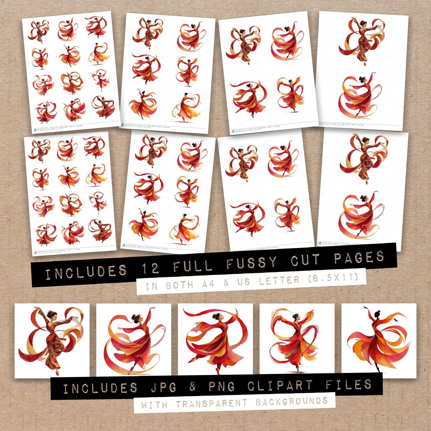 Full collection view of Ribbon Dance Woman fussy cut sheets with bonus clipart JPG and PNG files