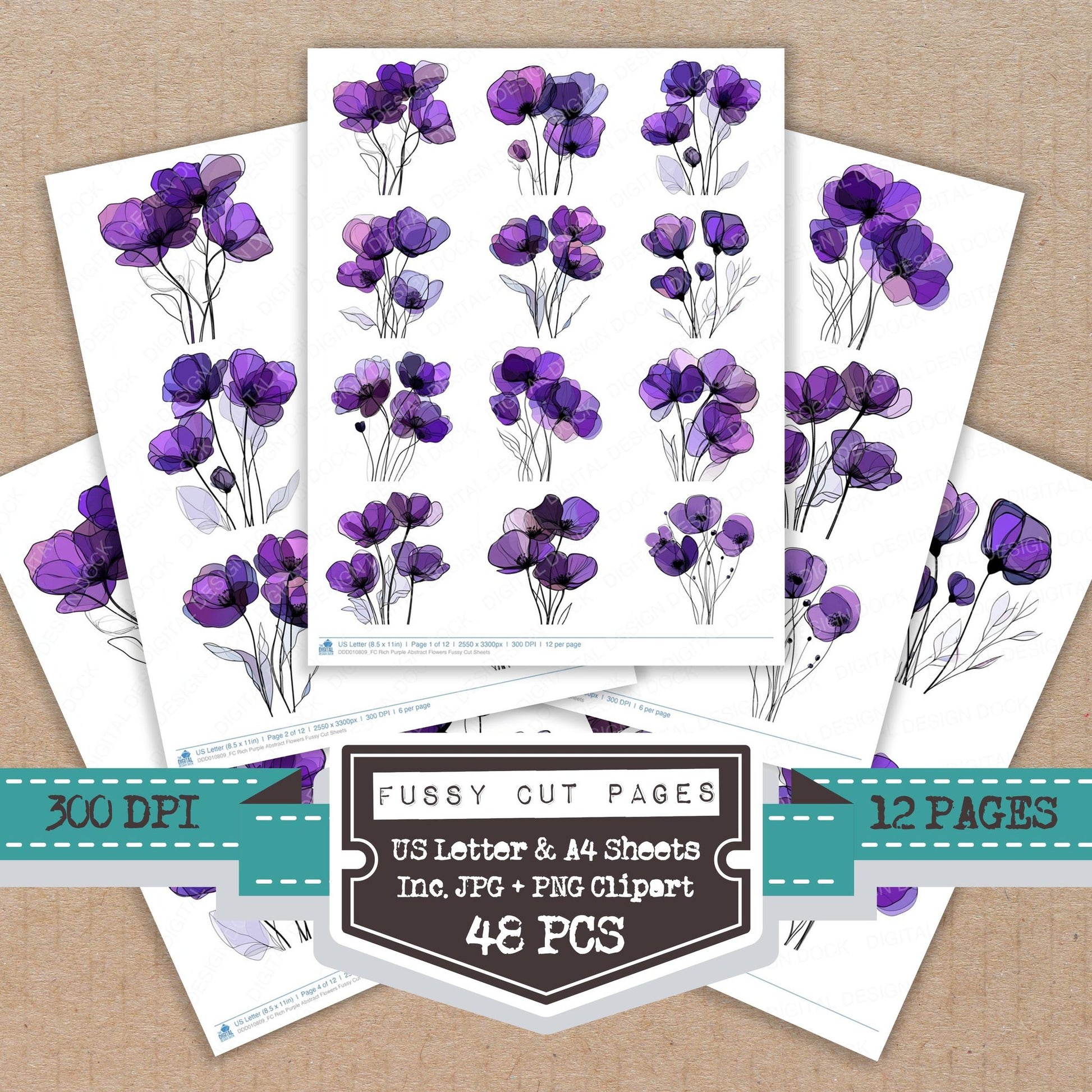 Rich Purple Abstract Flowers fussy cut printable sheets for junk journaling, scrapbooking, and paper craft projects