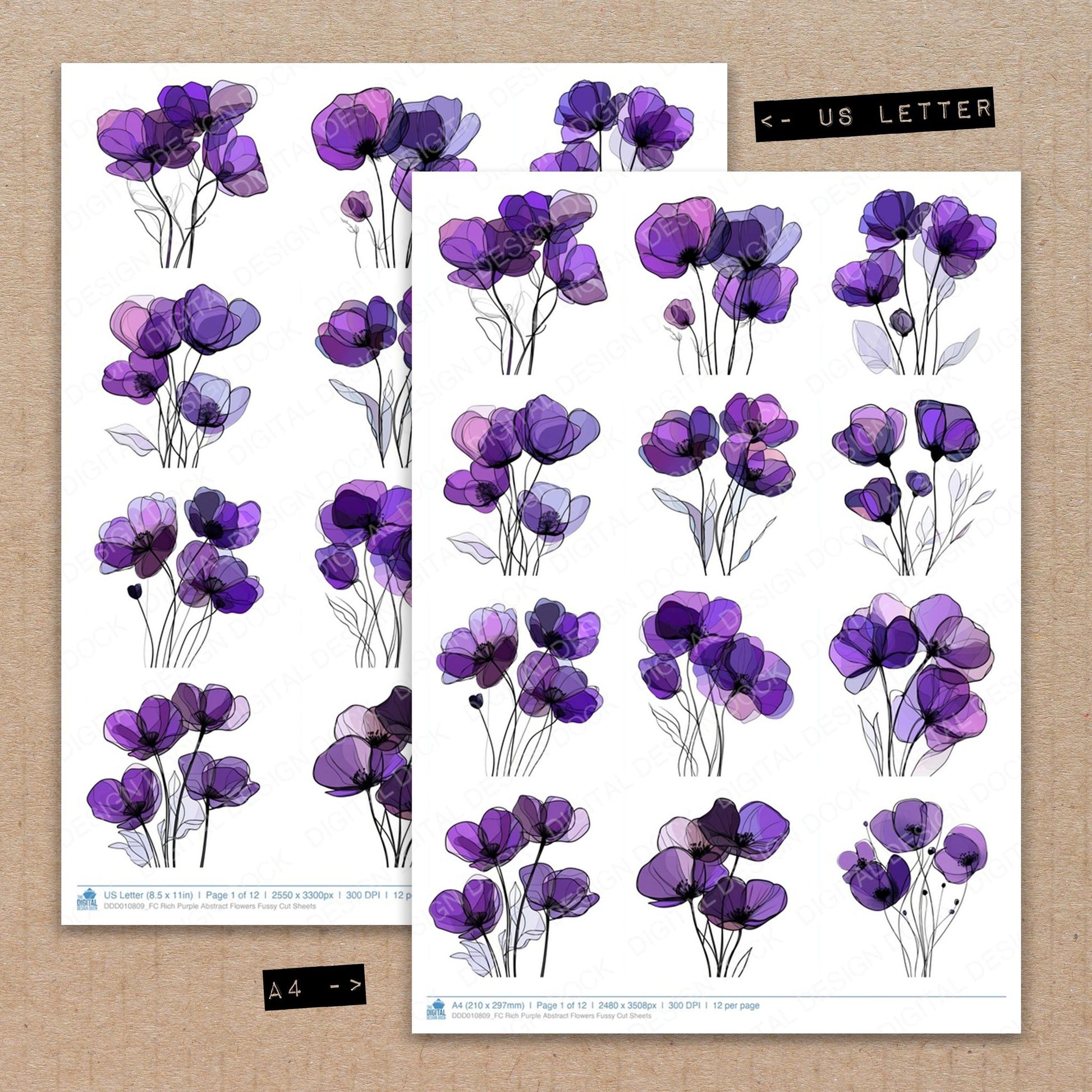 A4 and US Letter format comparison showing Rich Purple Abstract Flowers fussy cut pages for print and cut crafting