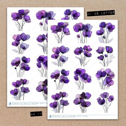 A4 and US Letter format comparison showing Rich Purple Abstract Flowers fussy cut pages for print and cut crafting