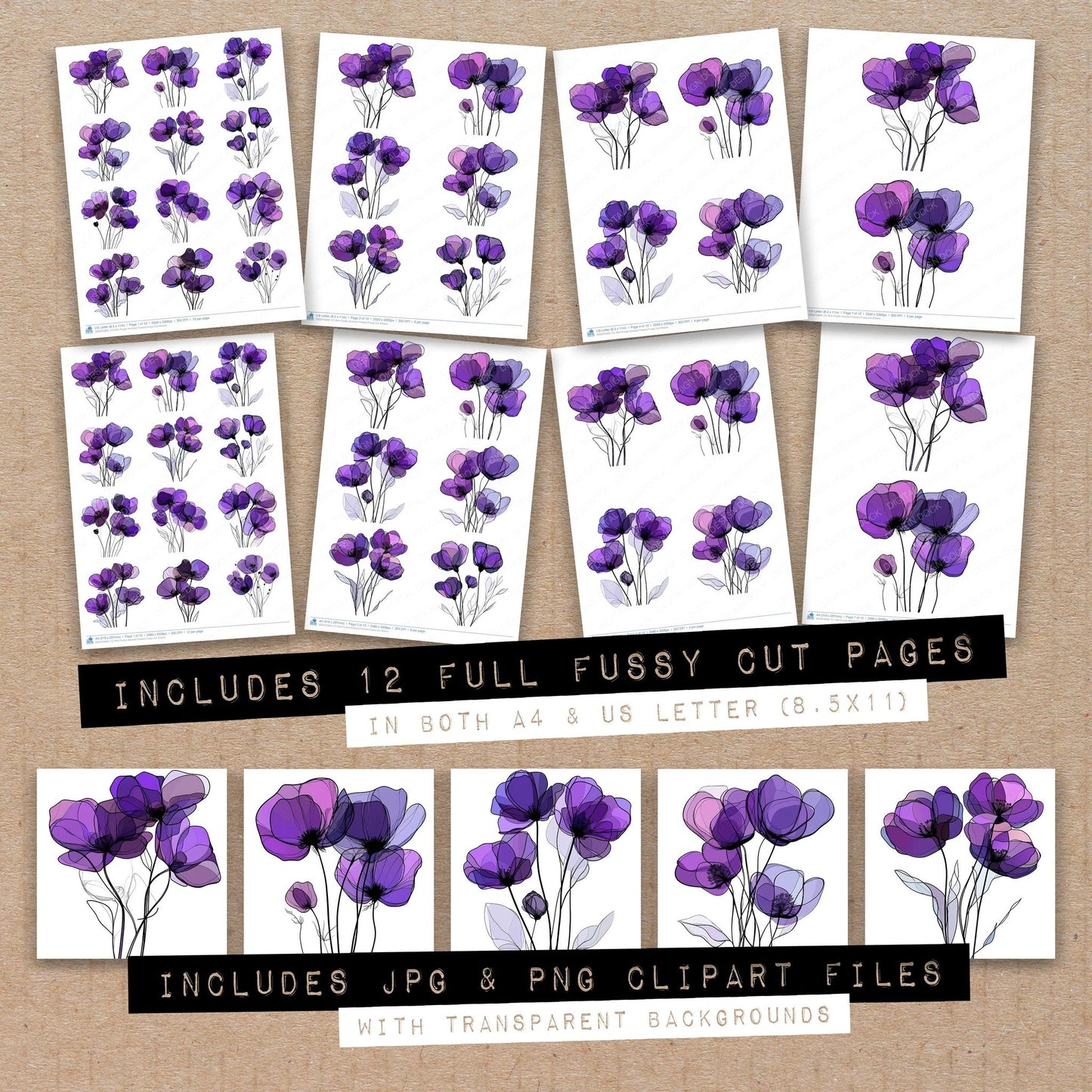 Full collection view of Rich Purple Abstract Flowers fussy cut sheets with bonus clipart JPG and PNG files