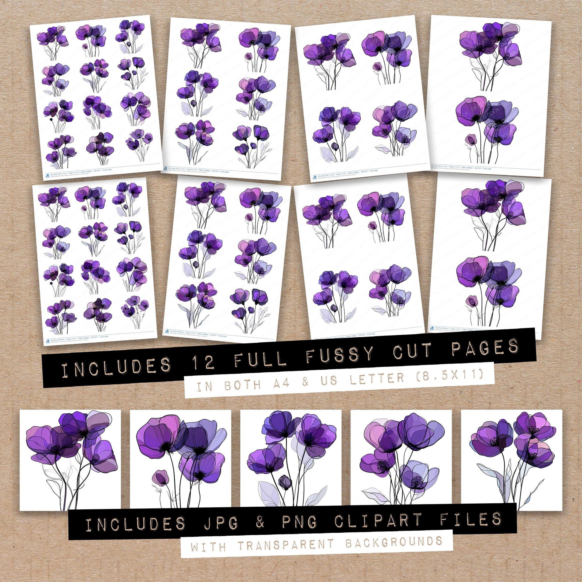 Full collection view of Rich Purple Abstract Flowers fussy cut sheets with bonus clipart JPG and PNG files