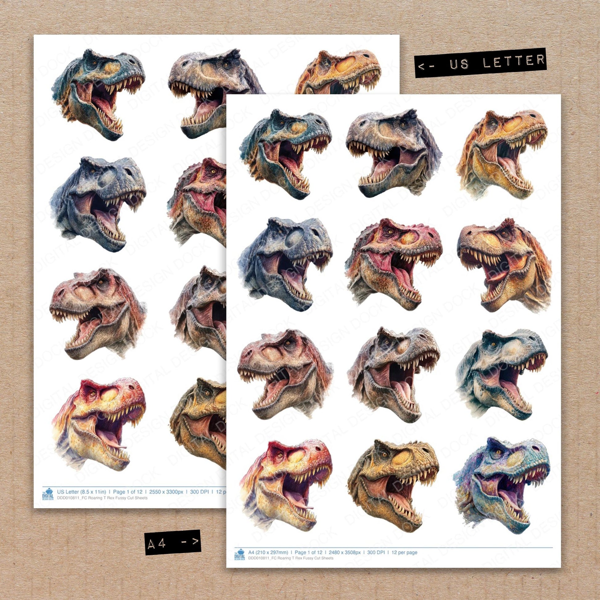 A4 and US Letter format comparison showing Roaring T Rex fussy cut pages for print and cut crafting