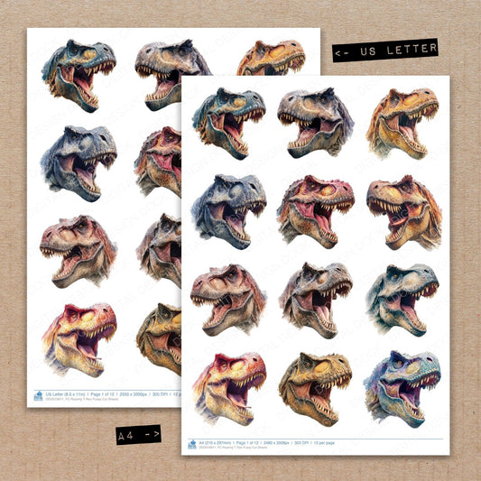 A4 and US Letter format comparison showing Roaring T Rex fussy cut pages for print and cut crafting