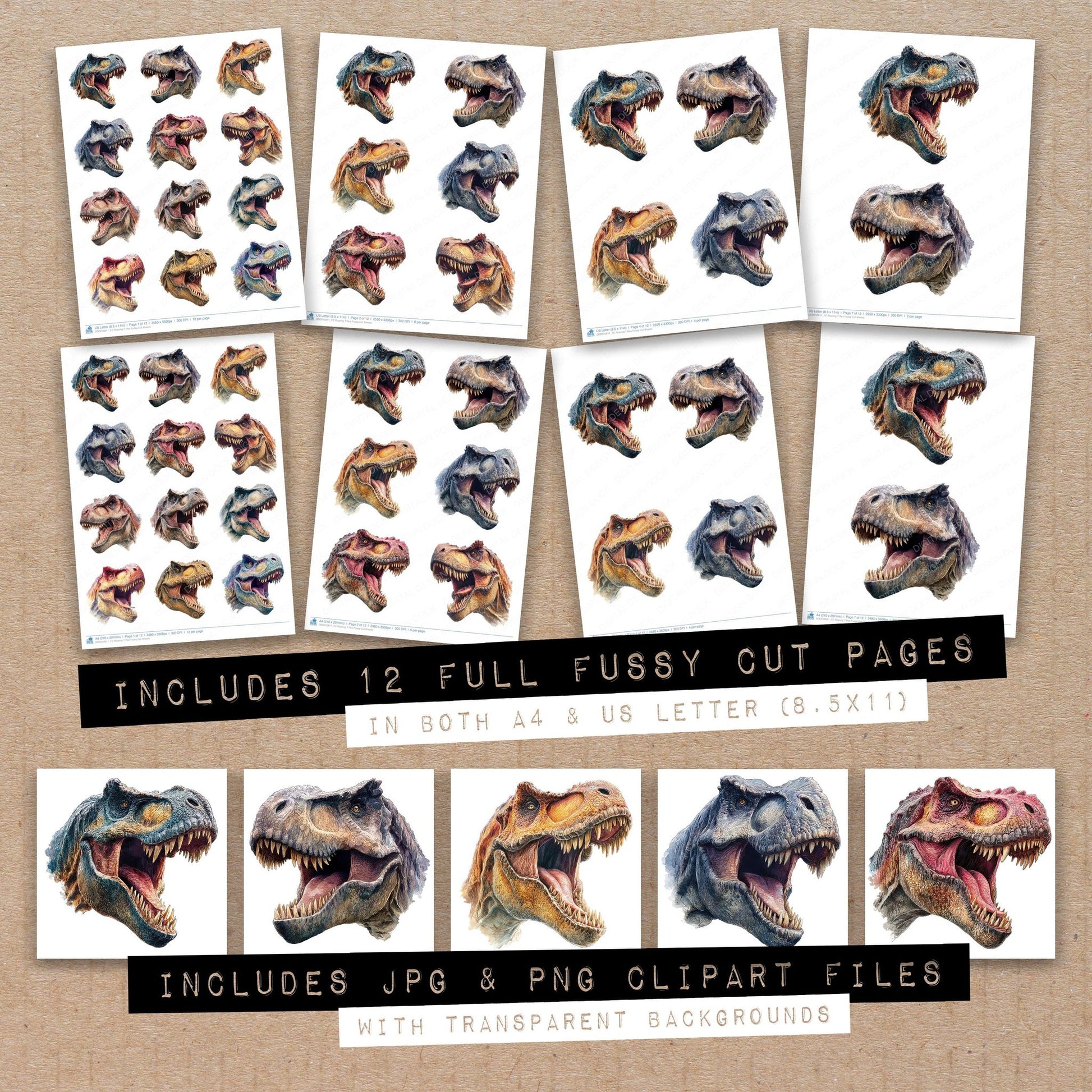 Full collection view of Roaring T Rex fussy cut sheets with bonus clipart JPG and PNG files