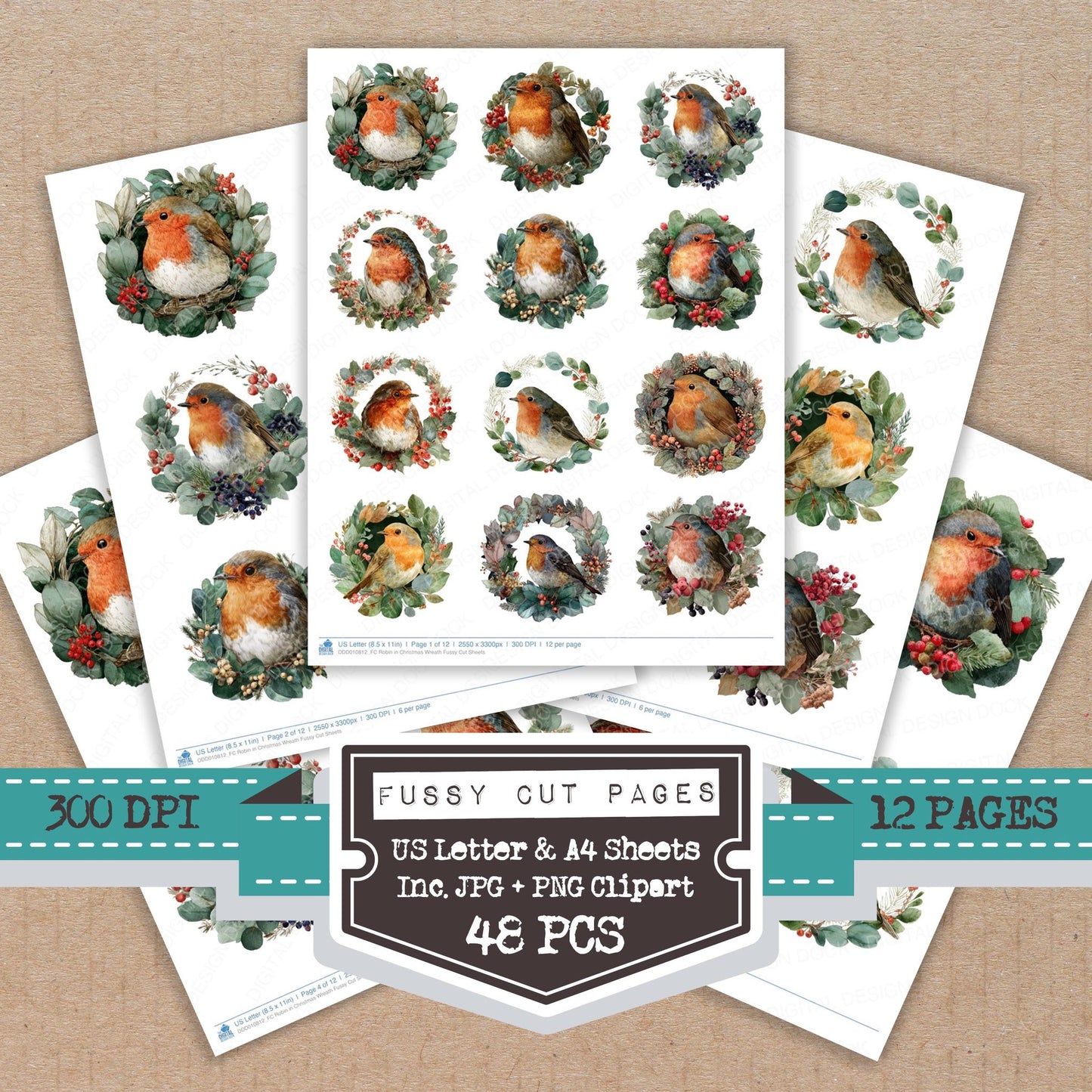 Robin in Christmas Wreath fussy cut printable sheets for junk journaling, scrapbooking, and paper craft projects