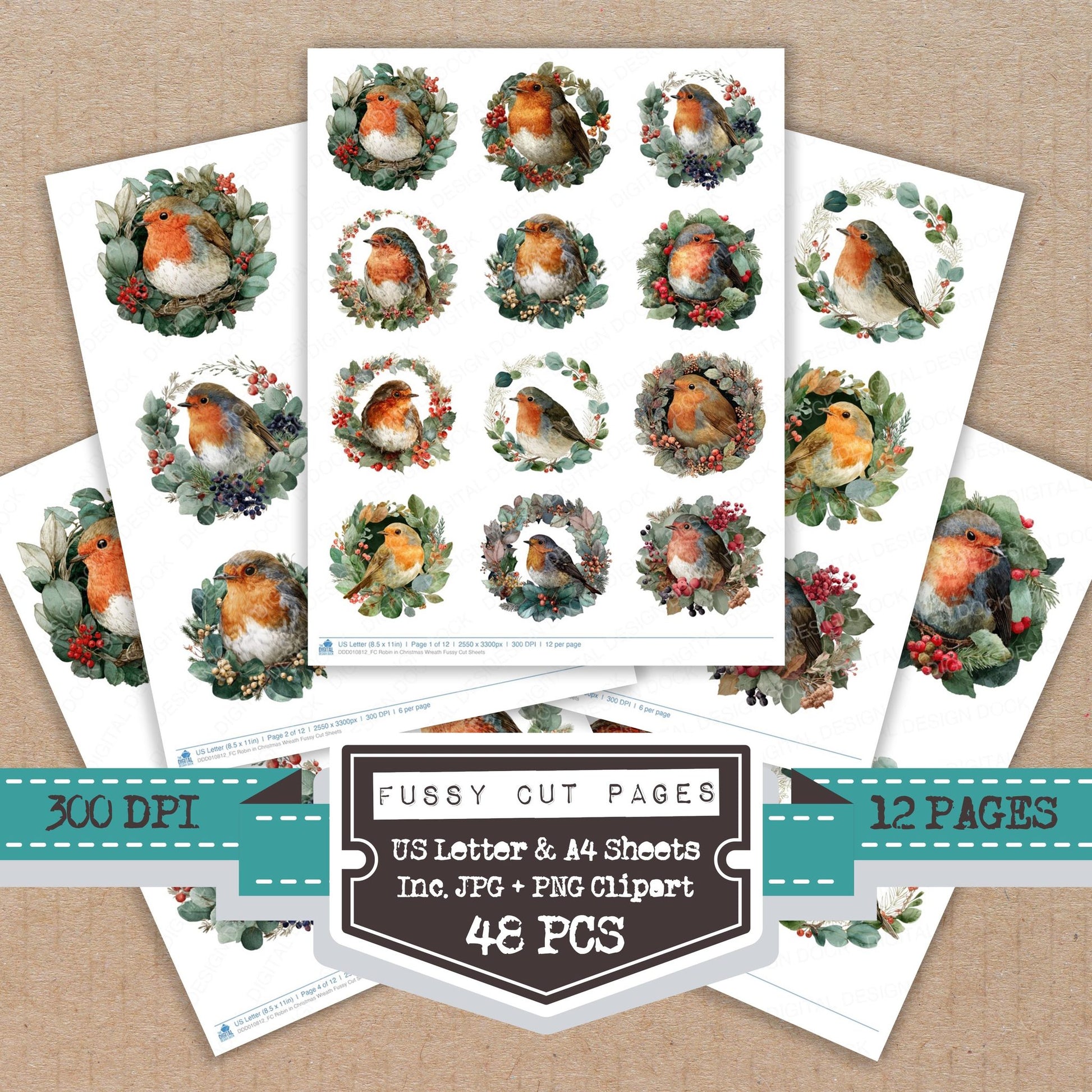 Robin in Christmas Wreath fussy cut printable sheets for junk journaling, scrapbooking, and paper craft projects