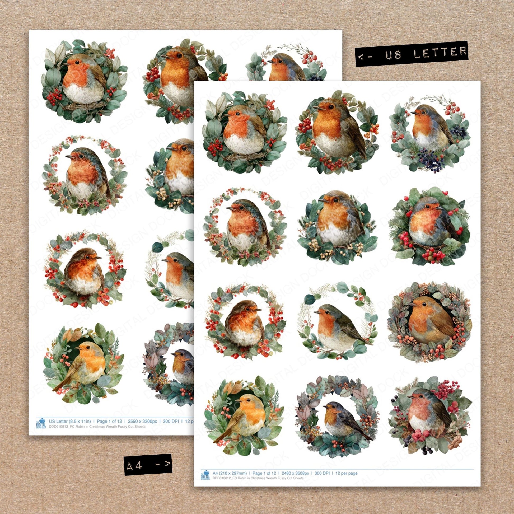 A4 and US Letter format comparison showing Robin in Christmas Wreath fussy cut pages for print and cut crafting