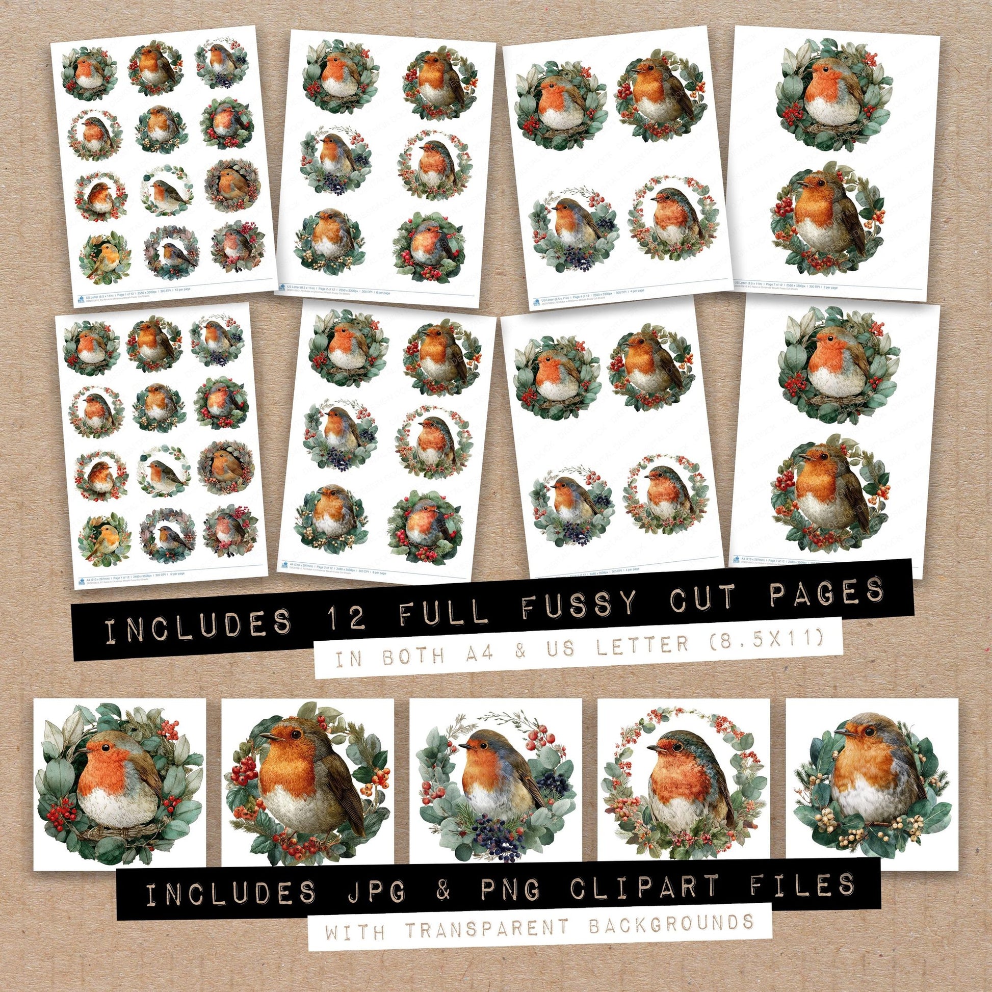 Full collection view of Robin in Christmas Wreath fussy cut sheets with bonus clipart JPG and PNG files