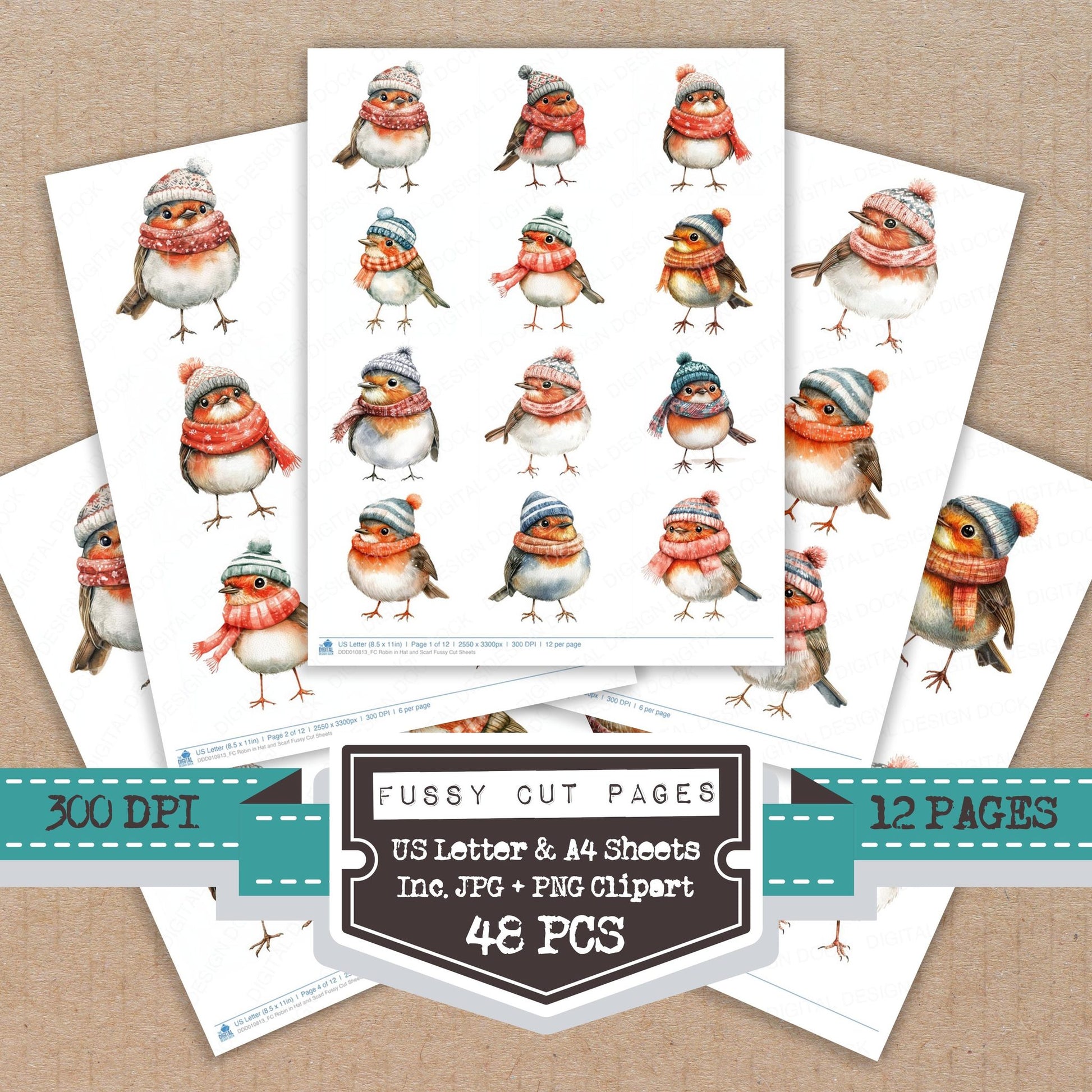 Robin in Hat and Scarf fussy cut printable sheets for junk journaling, scrapbooking, and paper craft projects