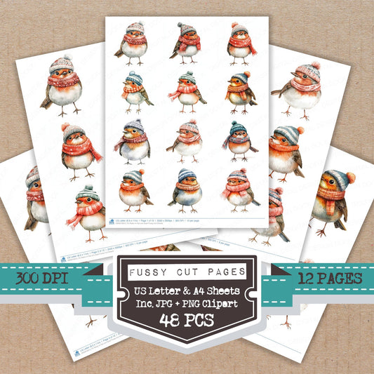 Robin in Hat and Scarf fussy cut printable sheets for junk journaling, scrapbooking, and paper craft projects