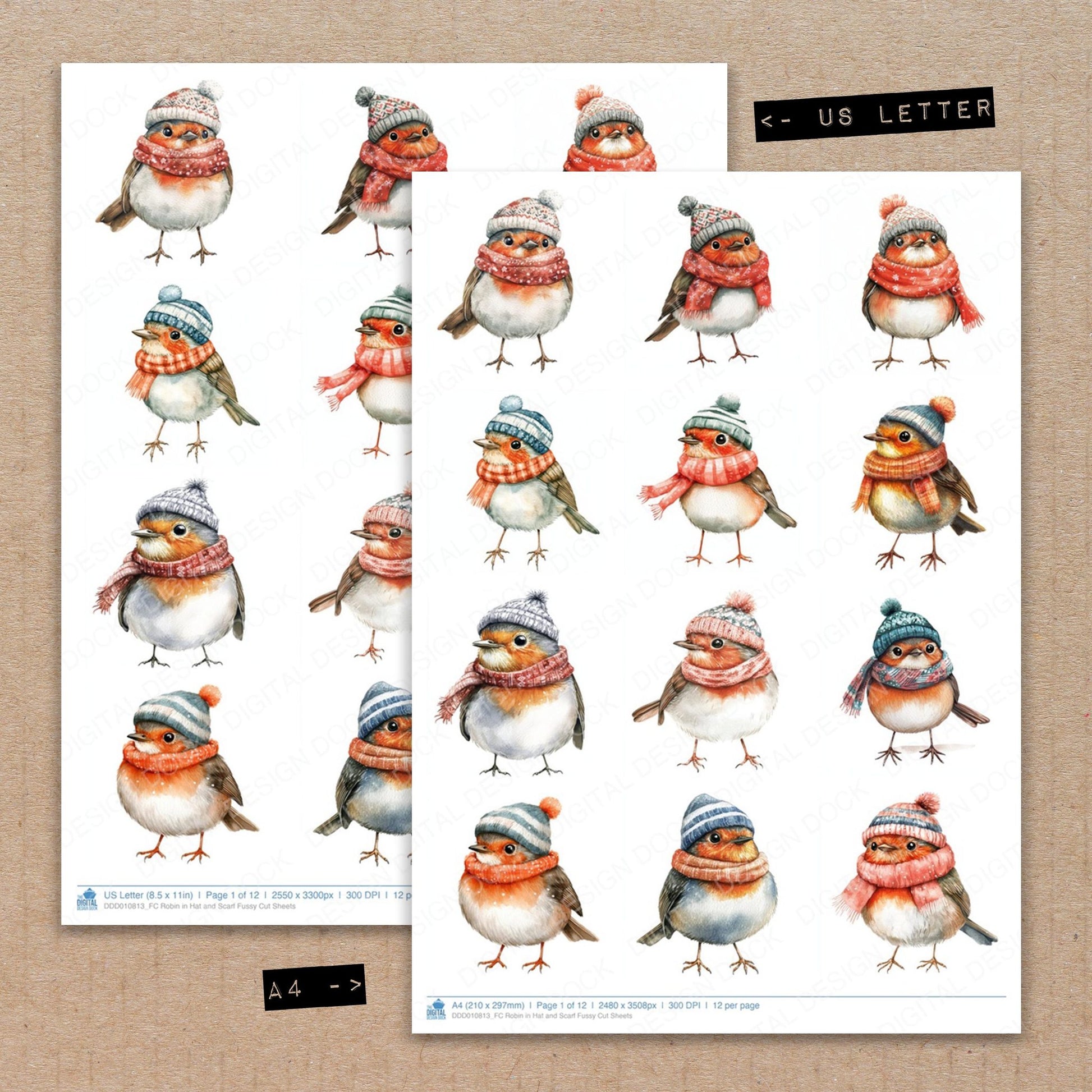 A4 and US Letter format comparison showing Robin in Hat and Scarf fussy cut pages for print and cut crafting