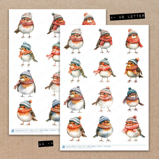 A4 and US Letter format comparison showing Robin in Hat and Scarf fussy cut pages for print and cut crafting