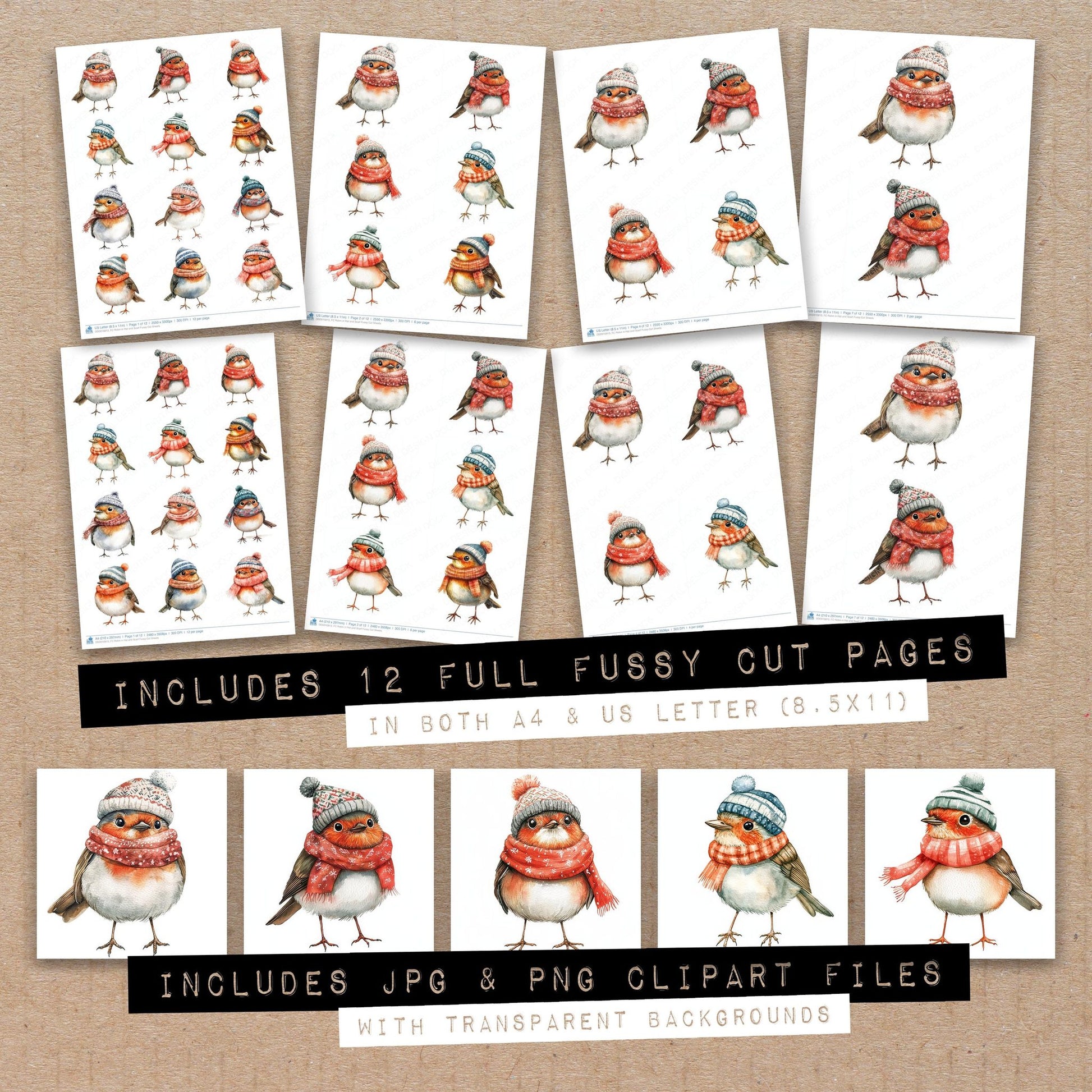 Full collection view of Robin in Hat and Scarf fussy cut sheets with bonus clipart JPG and PNG files