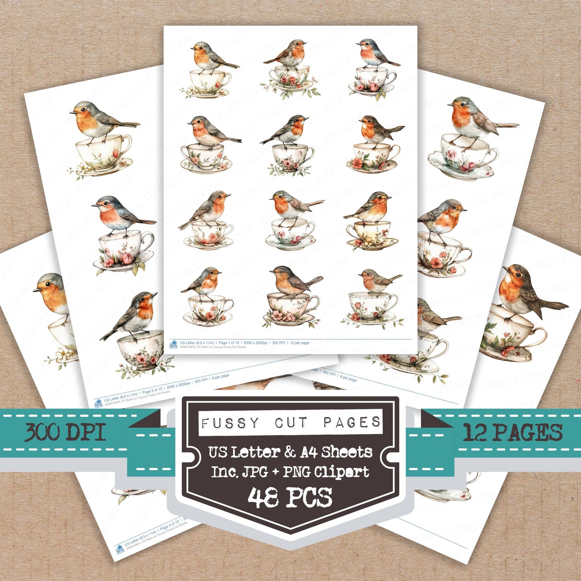 Robin on Teacup fussy cut printable sheets for junk journaling, scrapbooking, and paper craft projects