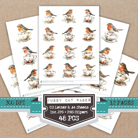 Robin on Teacup fussy cut printable sheets for junk journaling, scrapbooking, and paper craft projects