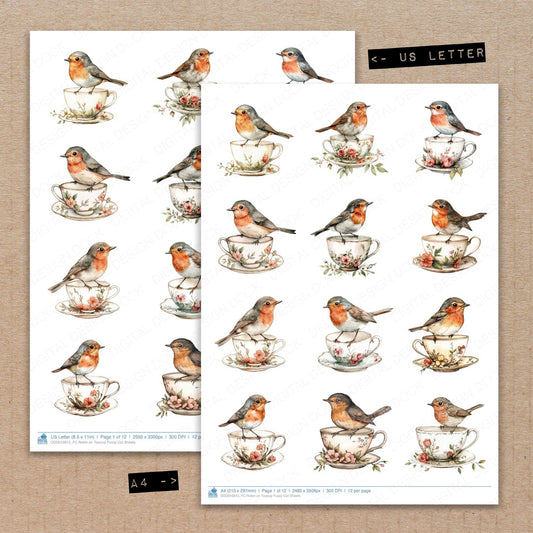A4 and US Letter format comparison showing Robin on Teacup fussy cut pages for print and cut crafting