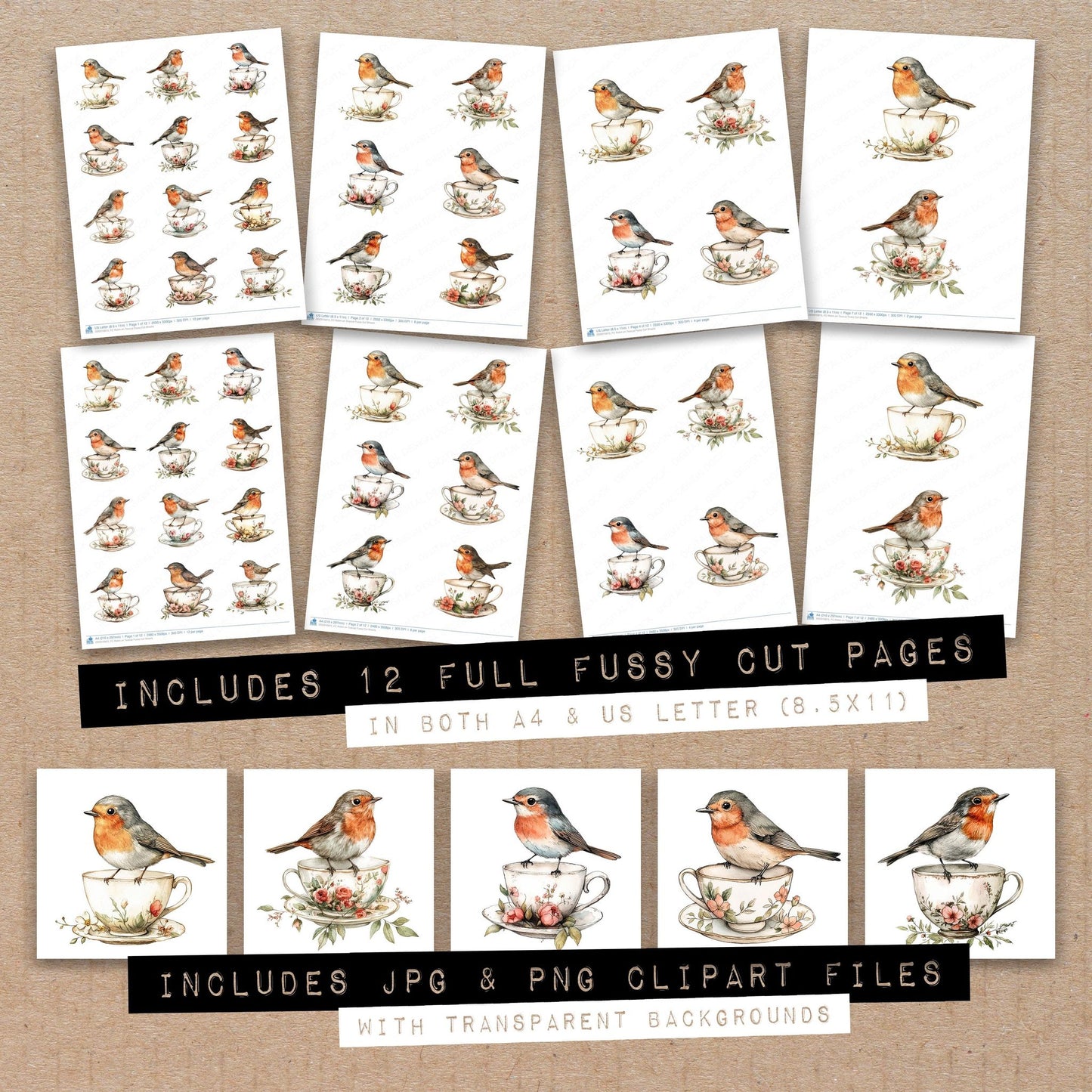 Full collection view of Robin on Teacup fussy cut sheets with bonus clipart JPG and PNG files