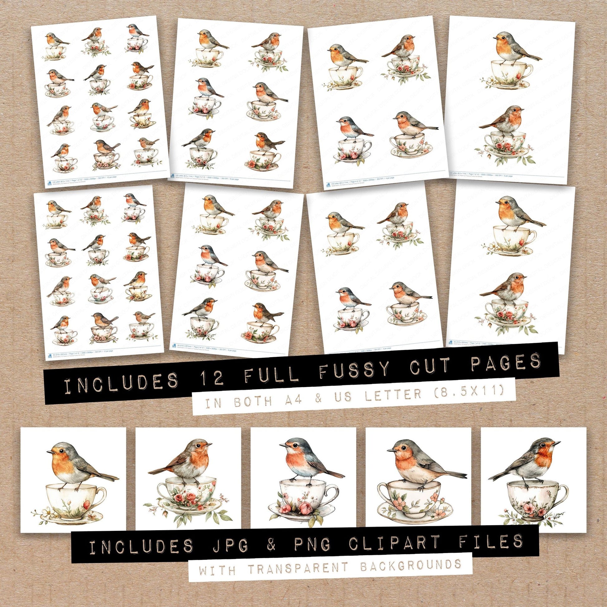 Full collection view of Robin on Teacup fussy cut sheets with bonus clipart JPG and PNG files
