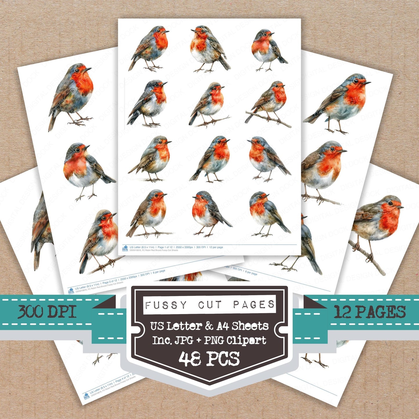 Robin Red Breast fussy cut printable sheets for junk journaling, scrapbooking, and paper craft projects