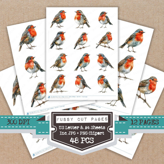 Robin Red Breast fussy cut printable sheets for junk journaling, scrapbooking, and paper craft projects