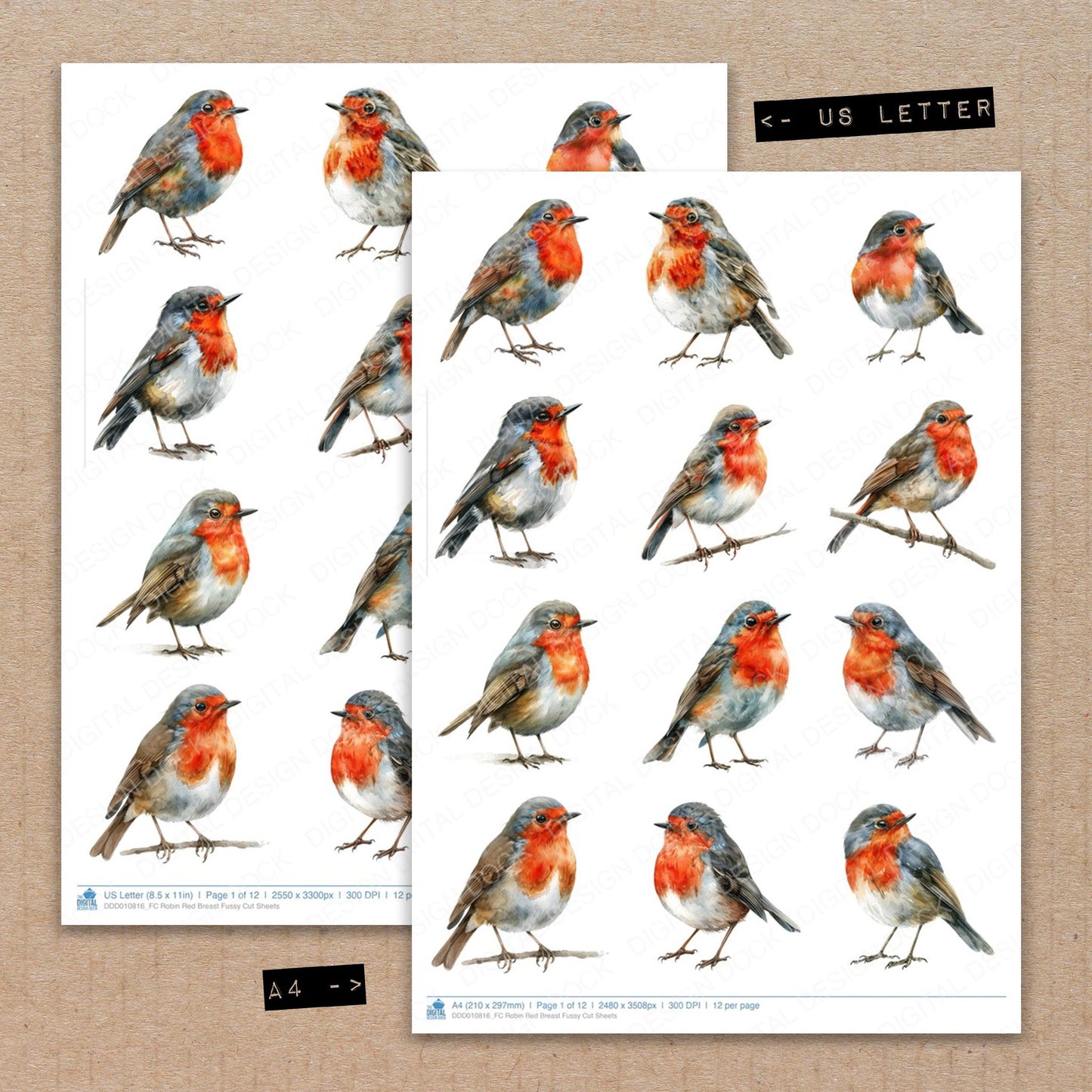 A4 and US Letter format comparison showing Robin Red Breast fussy cut pages for print and cut crafting
