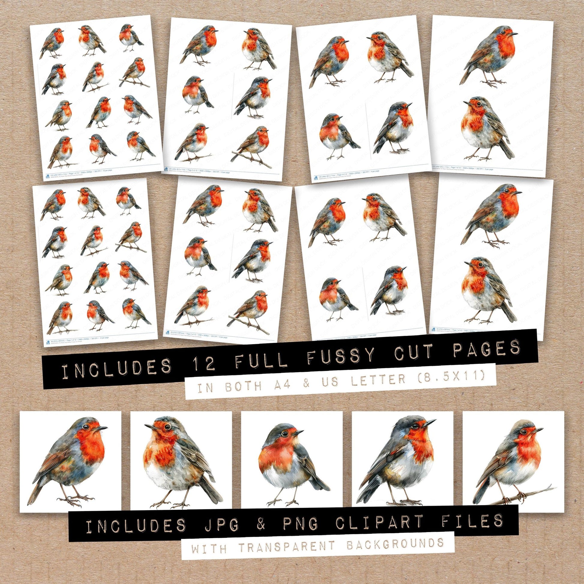 Full collection view of Robin Red Breast fussy cut sheets with bonus clipart JPG and PNG files