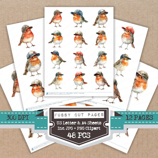 Robin with Basball Cap on fussy cut printable sheets for junk journaling, scrapbooking, and paper craft projects