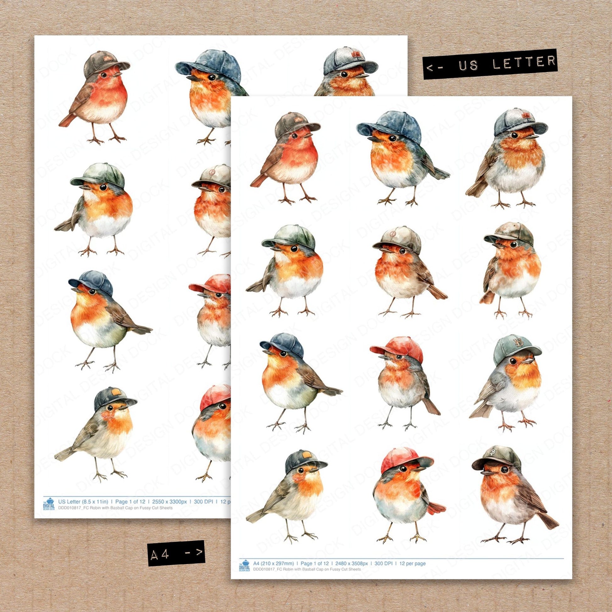 A4 and US Letter format comparison showing Robin with Basball Cap on fussy cut pages for print and cut crafting
