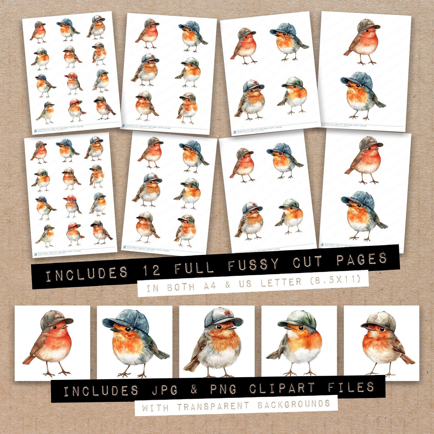 Full collection view of Robin with Basball Cap on fussy cut sheets with bonus clipart JPG and PNG files