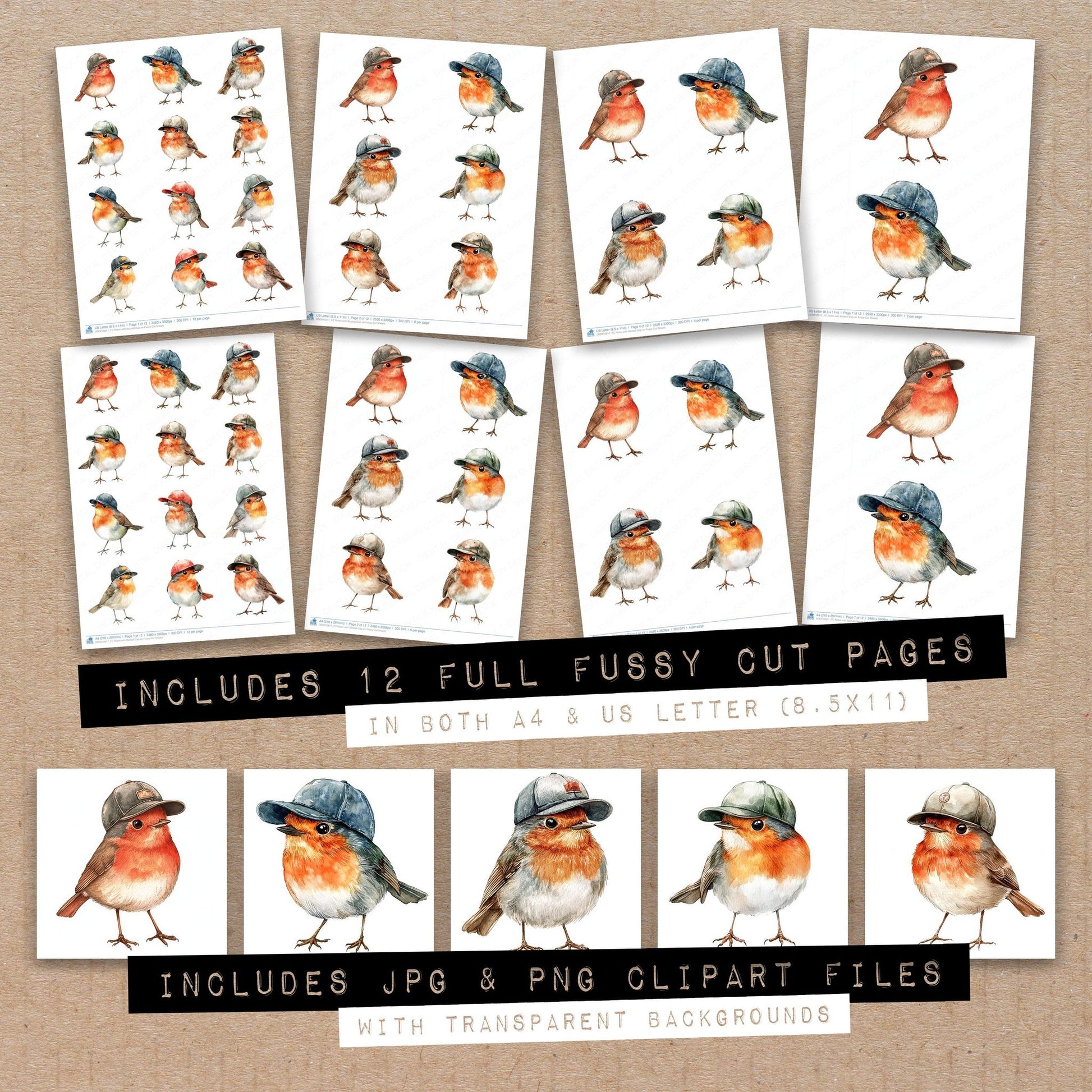 Full collection view of Robin with Basball Cap on fussy cut sheets with bonus clipart JPG and PNG files