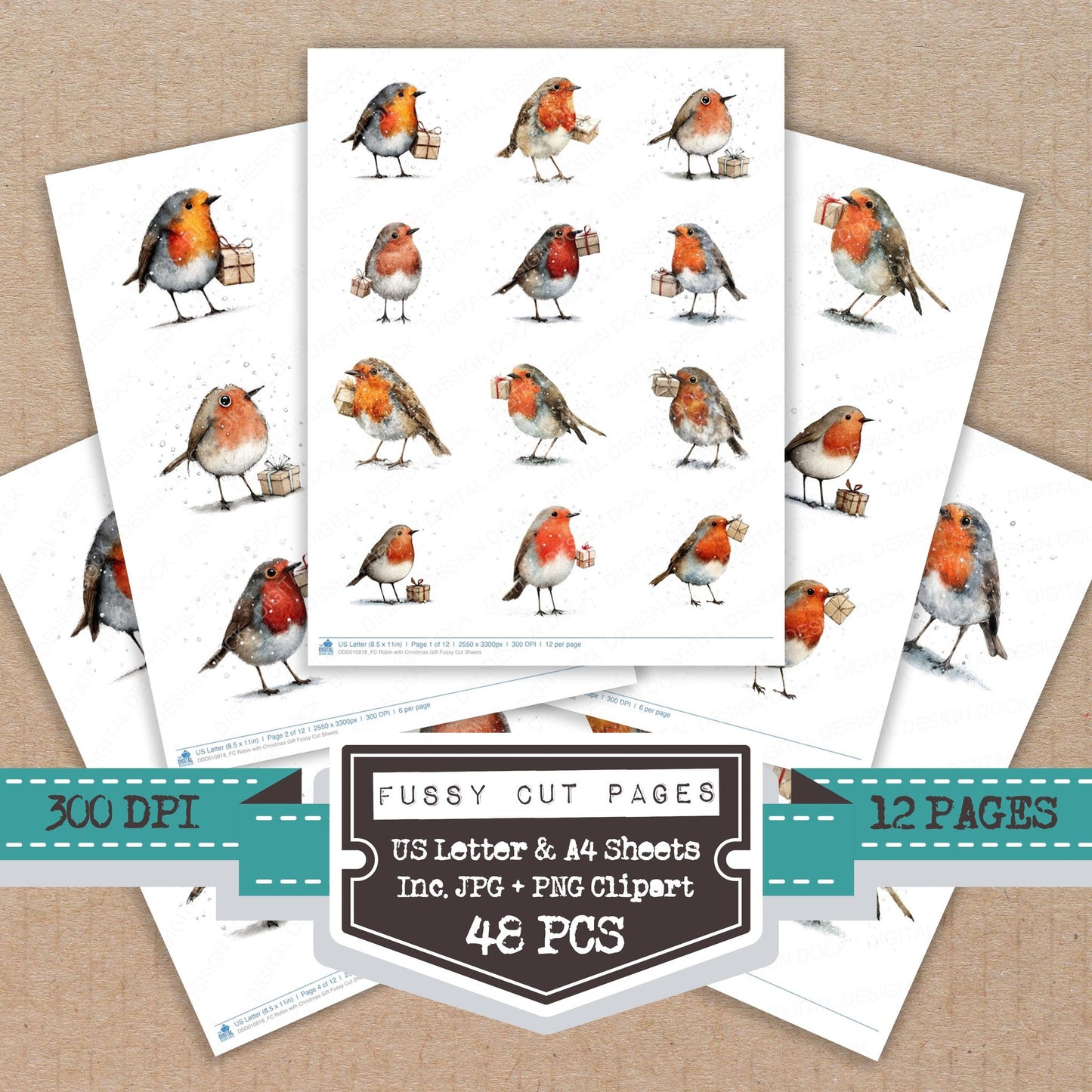 Robin with Christmas Gift fussy cut printable sheets for junk journaling, scrapbooking, and paper craft projects