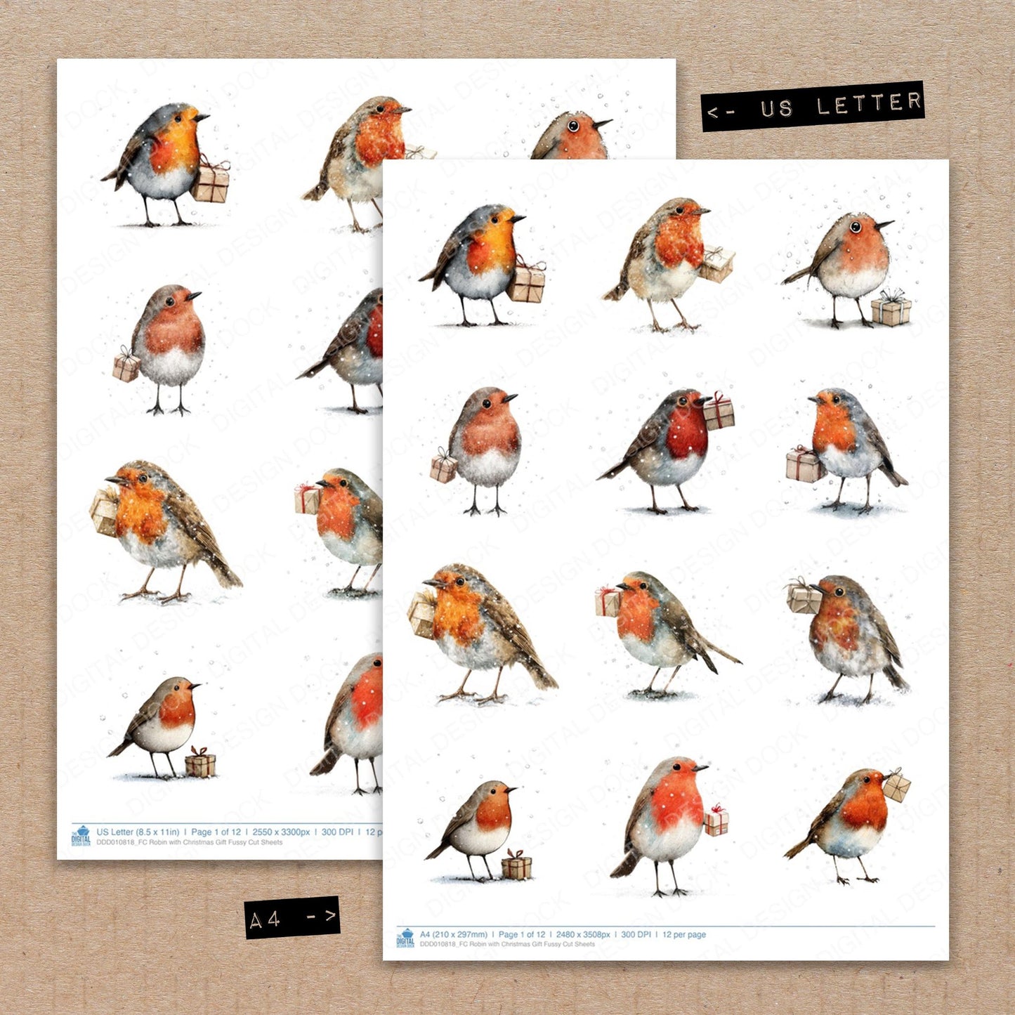 A4 and US Letter format comparison showing Robin with Christmas Gift fussy cut pages for print and cut crafting