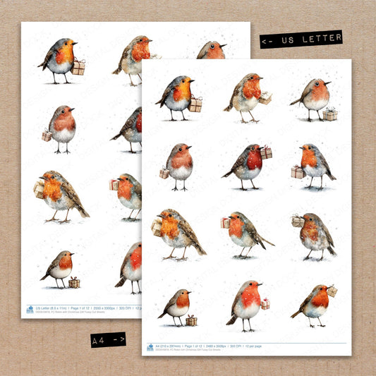 A4 and US Letter format comparison showing Robin with Christmas Gift fussy cut pages for print and cut crafting