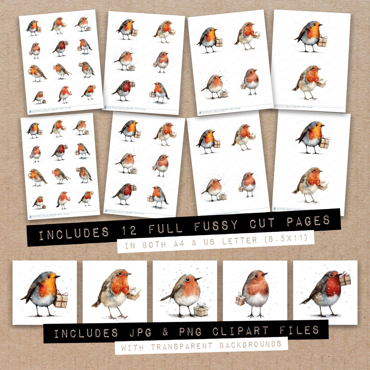 Full collection view of Robin with Christmas Gift fussy cut sheets with bonus clipart JPG and PNG files