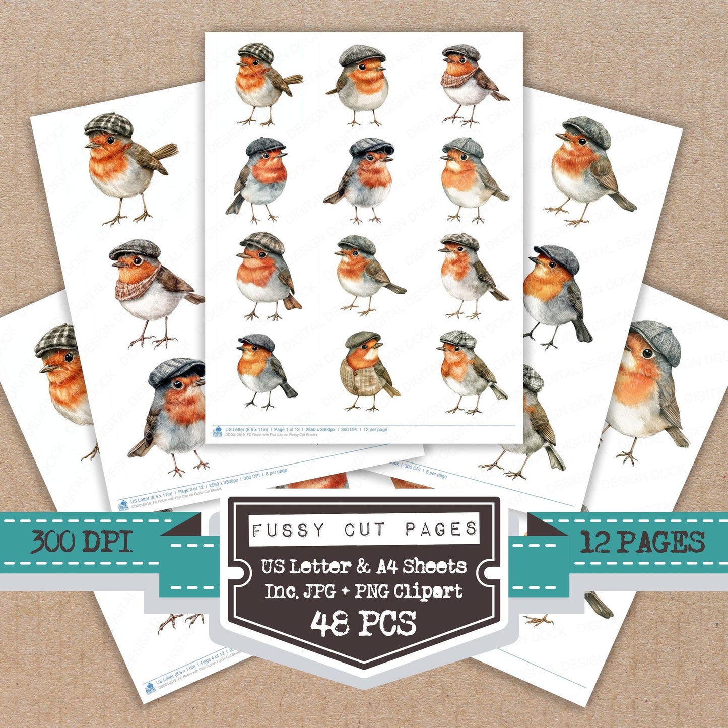 Robin with Flat Cap on fussy cut printable sheets for junk journaling, scrapbooking, and paper craft projects