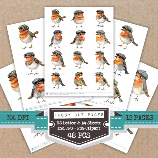 Robin with Flat Cap on fussy cut printable sheets for junk journaling, scrapbooking, and paper craft projects
