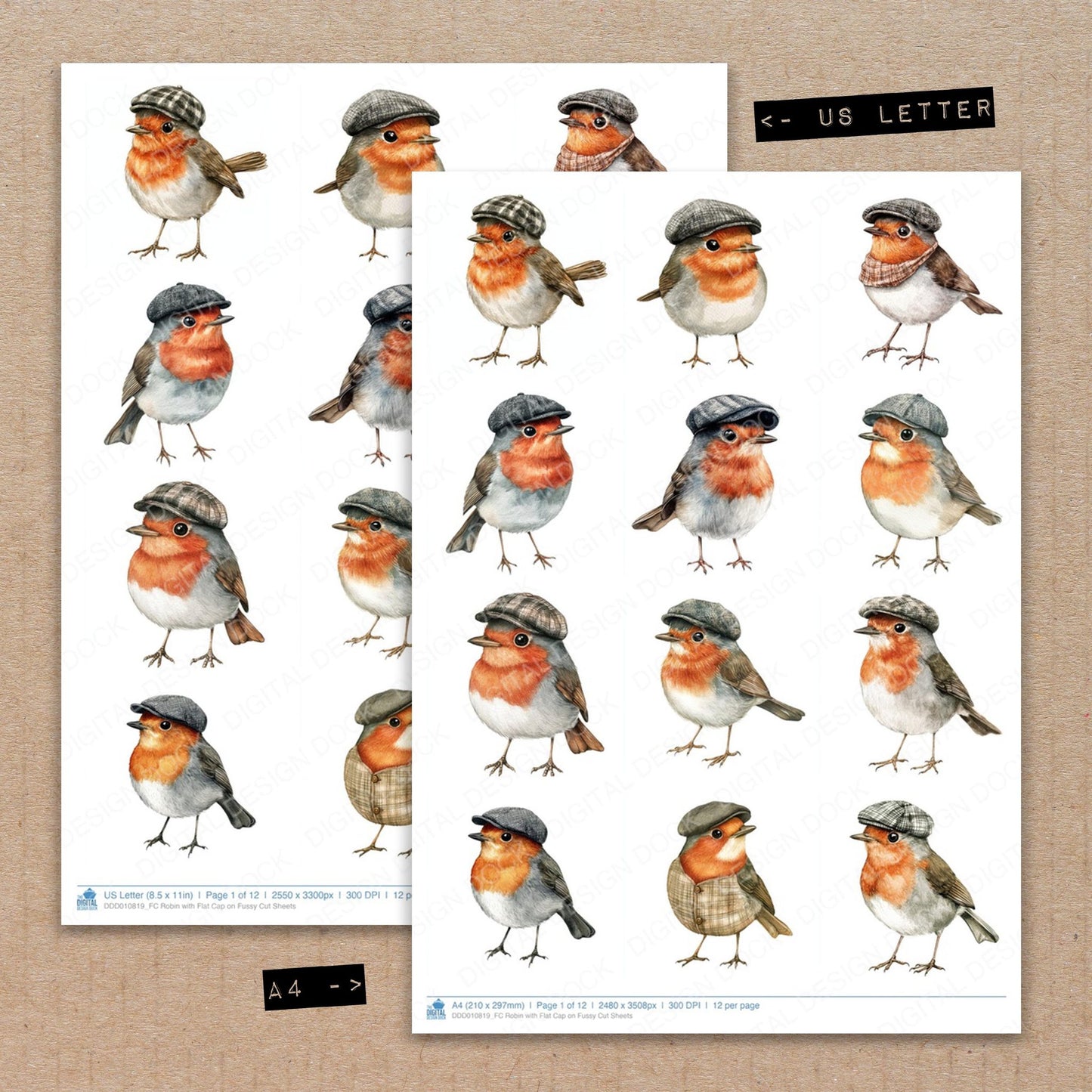 A4 and US Letter format comparison showing Robin with Flat Cap on fussy cut pages for print and cut crafting