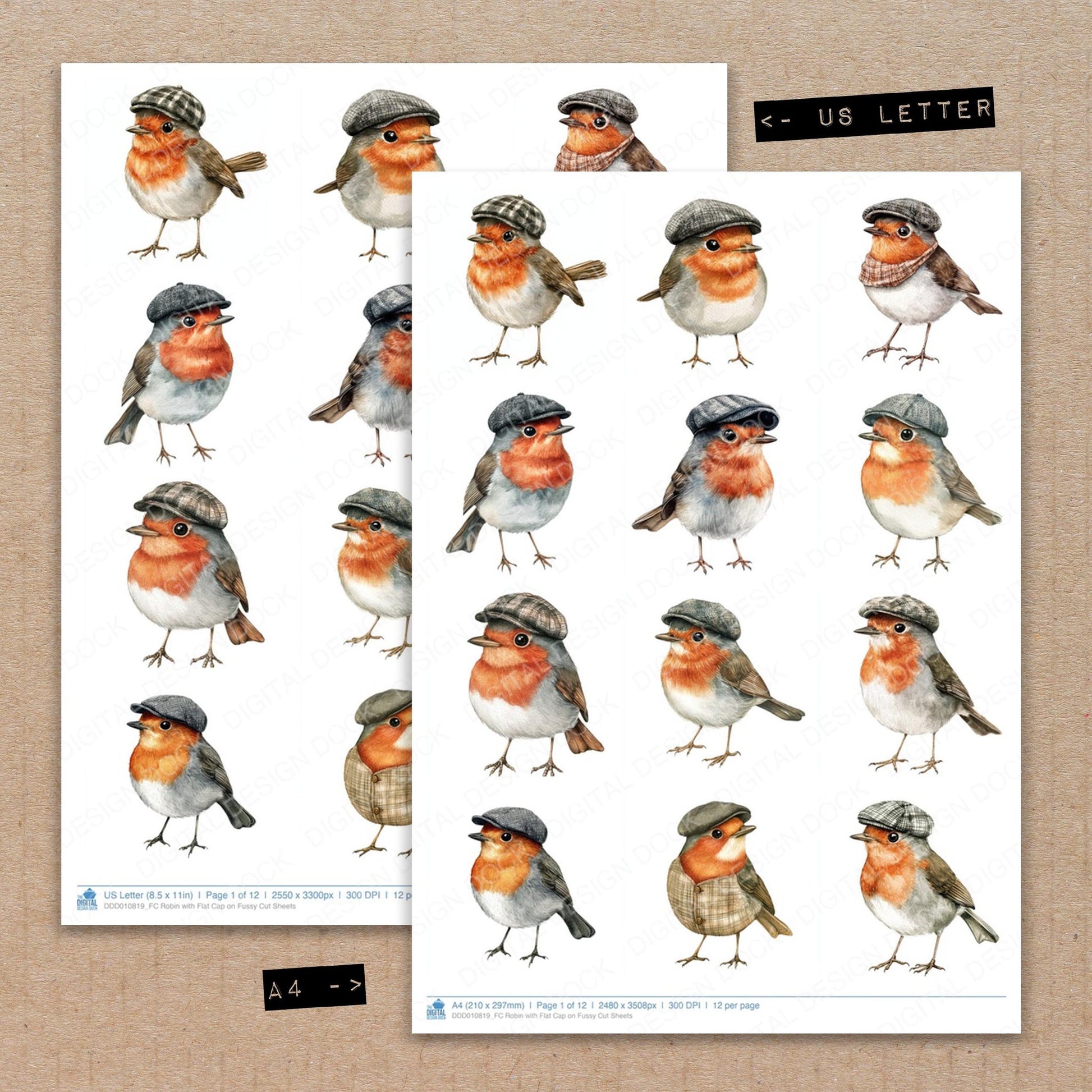 A4 and US Letter format comparison showing Robin with Flat Cap on fussy cut pages for print and cut crafting