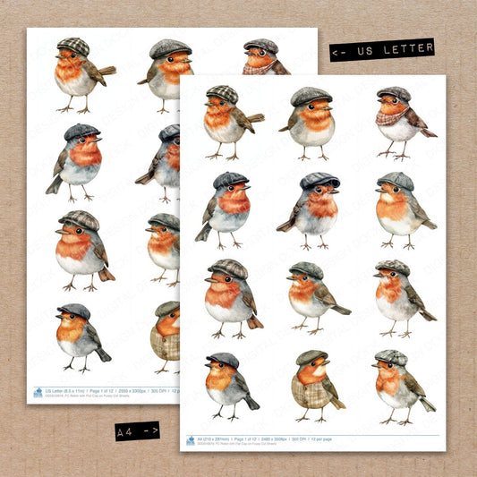 A4 and US Letter format comparison showing Robin with Flat Cap on fussy cut pages for print and cut crafting