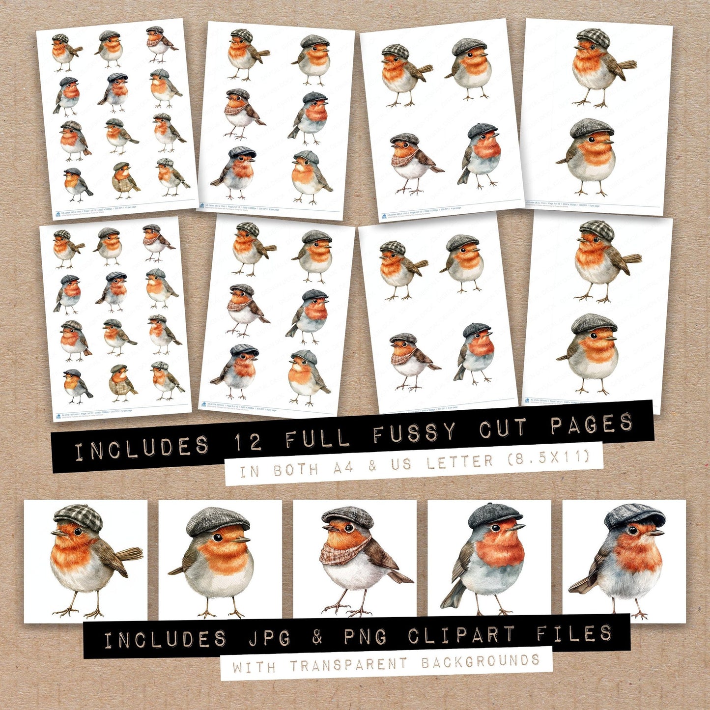 Full collection view of Robin with Flat Cap on fussy cut sheets with bonus clipart JPG and PNG files