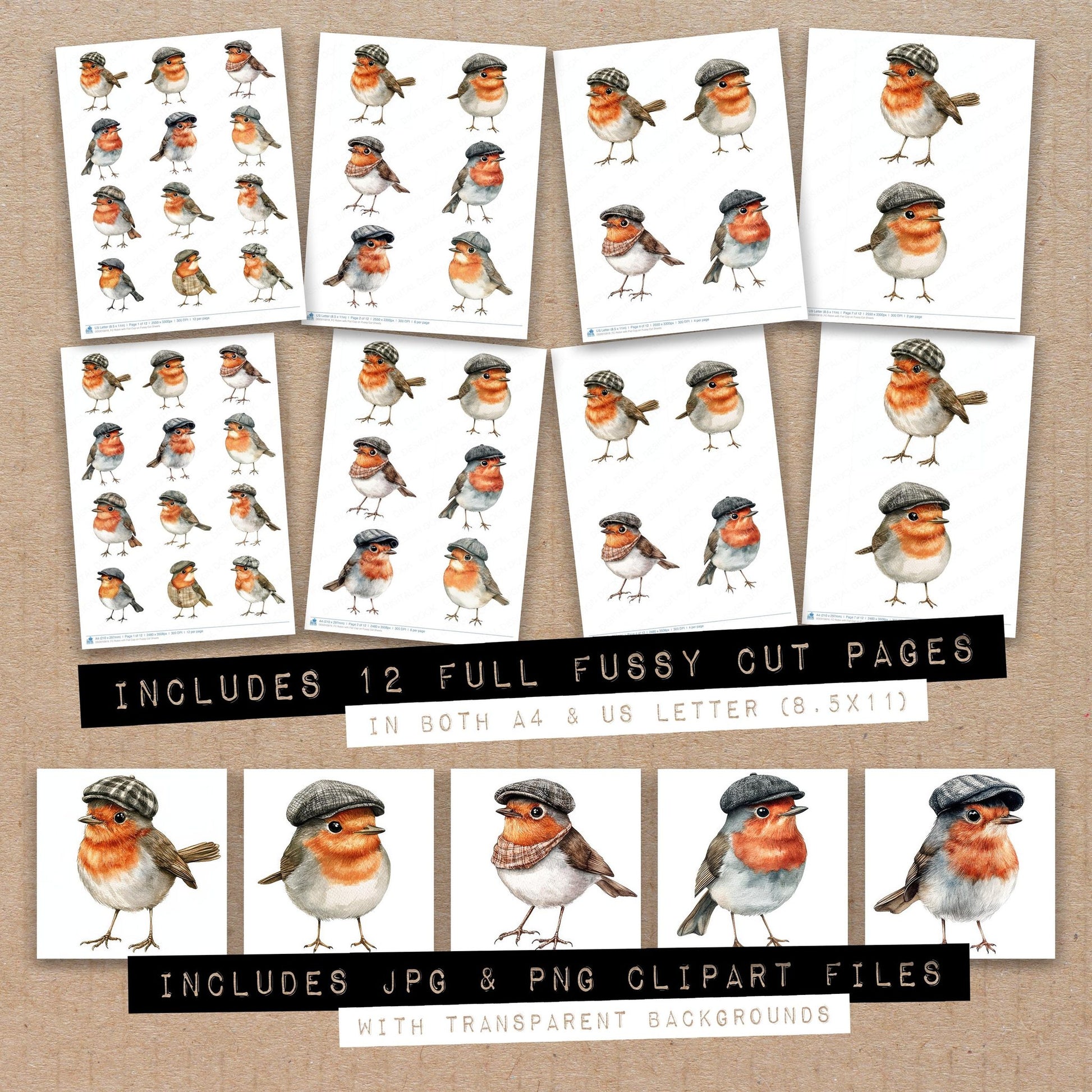 Full collection view of Robin with Flat Cap on fussy cut sheets with bonus clipart JPG and PNG files