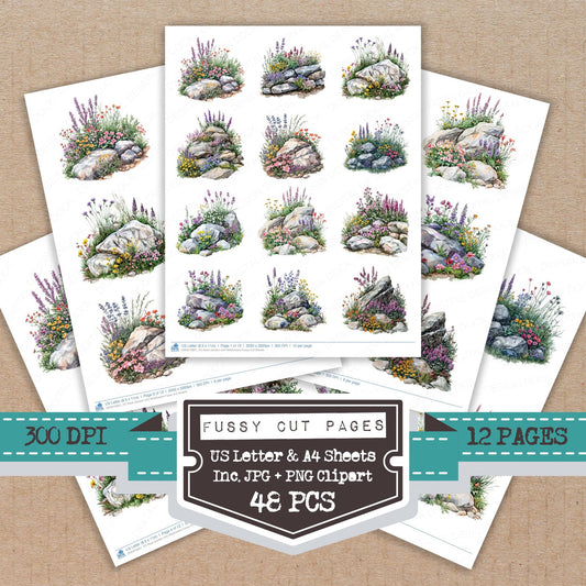 Rock Garden with Wildflowers fussy cut printable sheets for junk journaling, scrapbooking, and paper craft projects