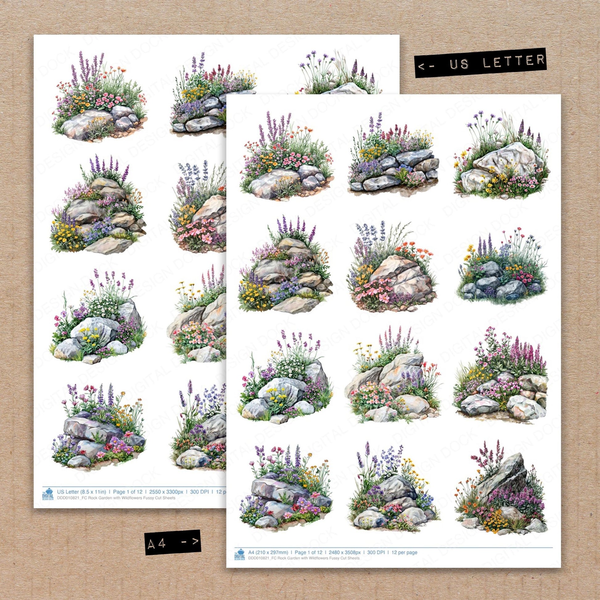 A4 and US Letter format comparison showing Rock Garden with Wildflowers fussy cut pages for print and cut crafting