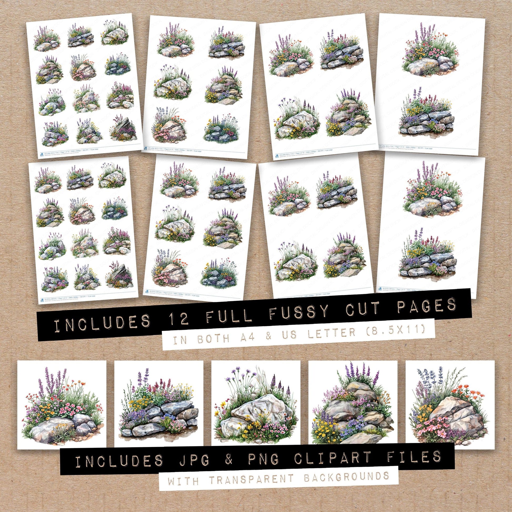 Full collection view of Rock Garden with Wildflowers fussy cut sheets with bonus clipart JPG and PNG files