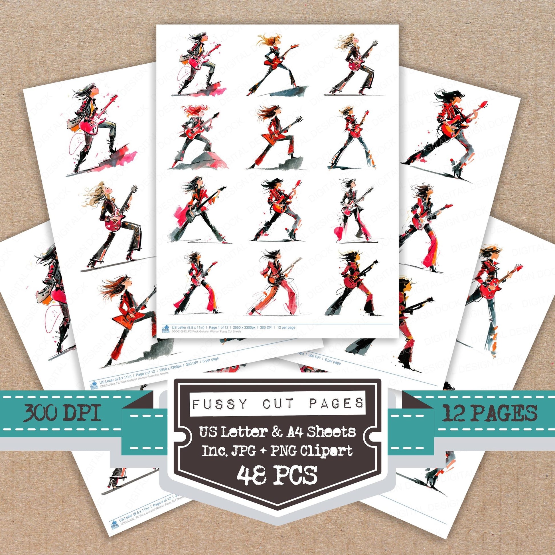 Rock Guitarist Woman fussy cut printable sheets for junk journaling, scrapbooking, and paper craft projects