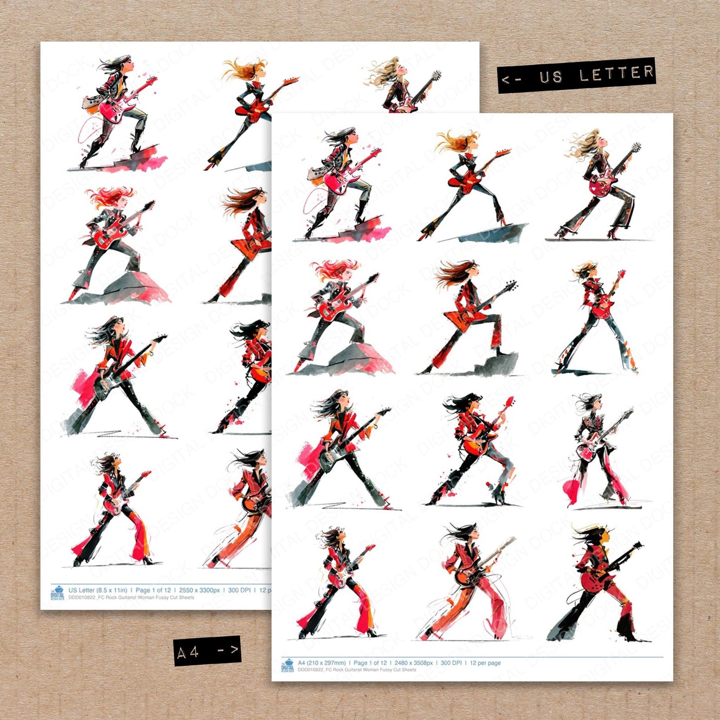 A4 and US Letter format comparison showing Rock Guitarist Woman fussy cut pages for print and cut crafting