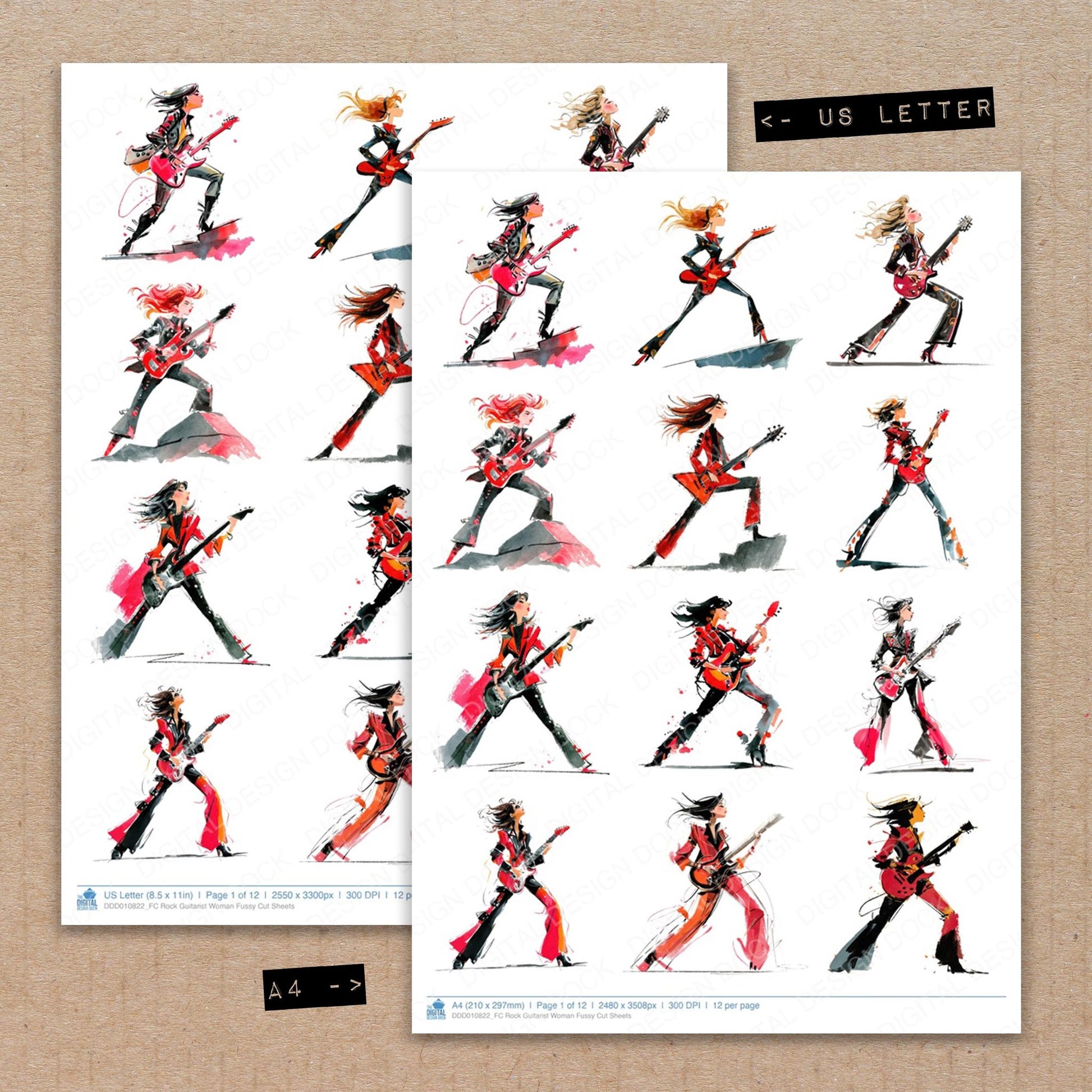 A4 and US Letter format comparison showing Rock Guitarist Woman fussy cut pages for print and cut crafting