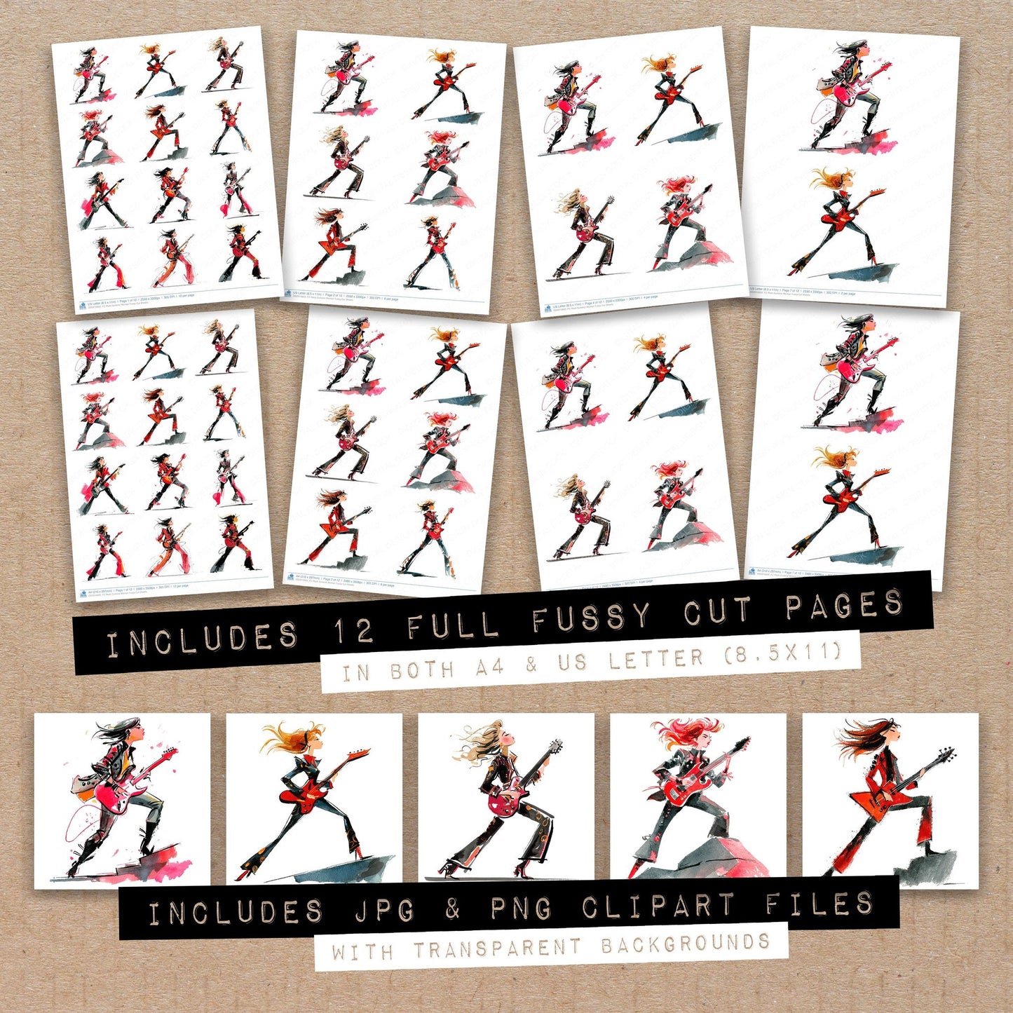 Full collection view of Rock Guitarist Woman fussy cut sheets with bonus clipart JPG and PNG files