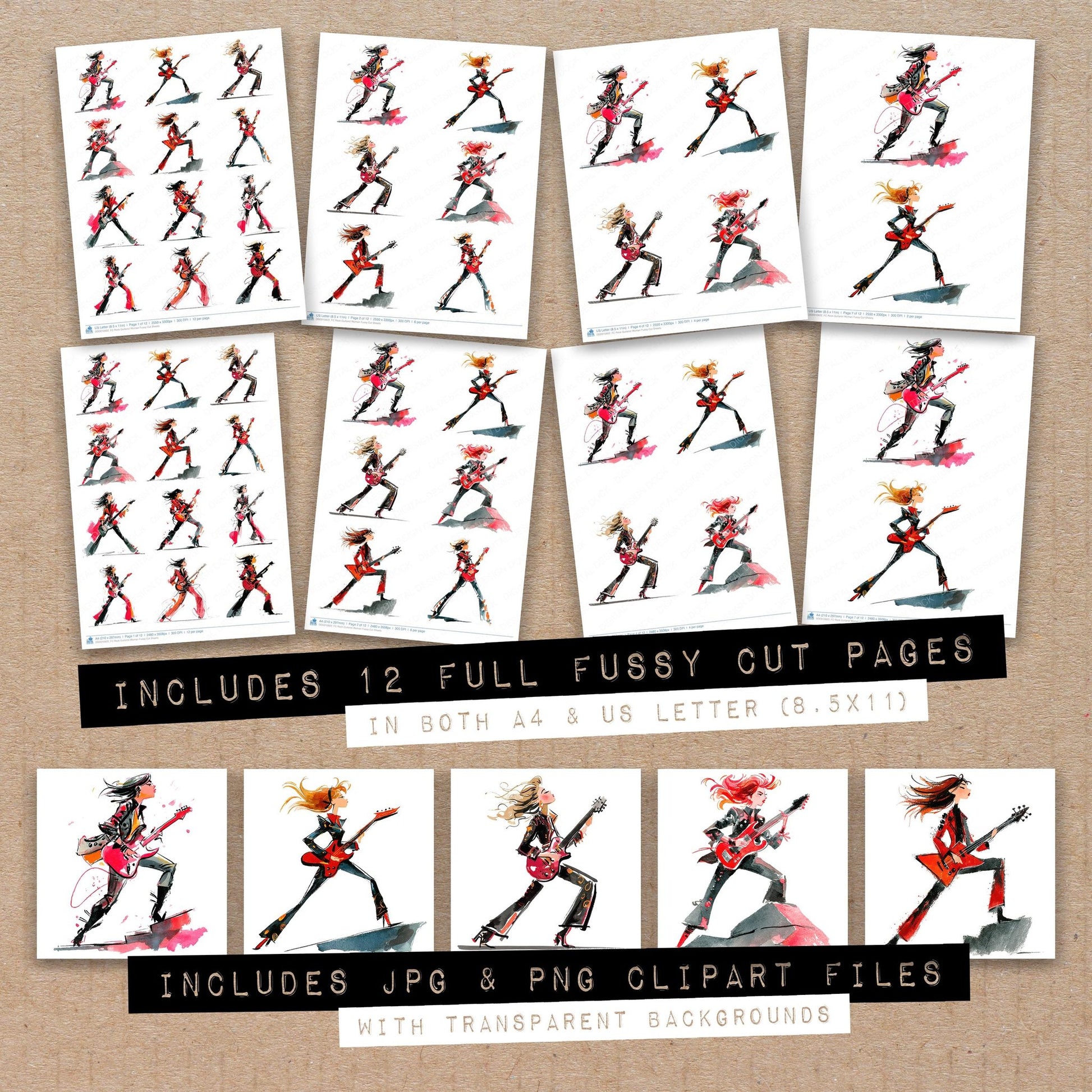 Full collection view of Rock Guitarist Woman fussy cut sheets with bonus clipart JPG and PNG files